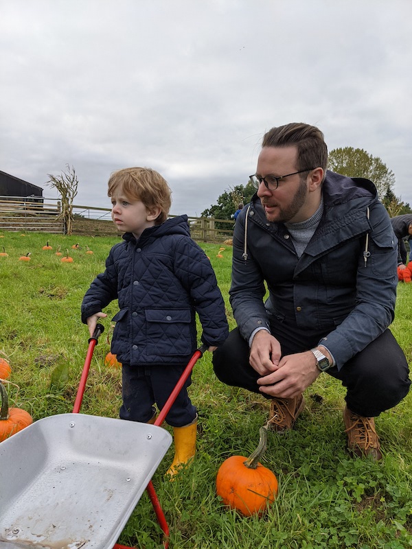 Ted and me collecting pumpkins